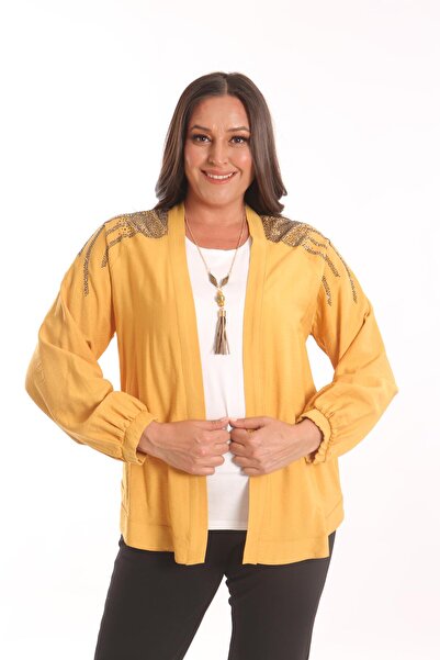 Metpoint Trend42plus Büyük Beden Robası Taş Baskılı Oversize Hardal Ceket