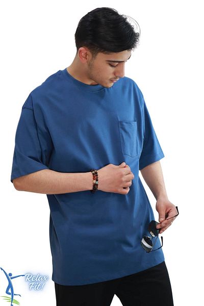 sermoda Loose and Comfortable Cut Pocket Detailed Crew Neck T-Shirt Indigo