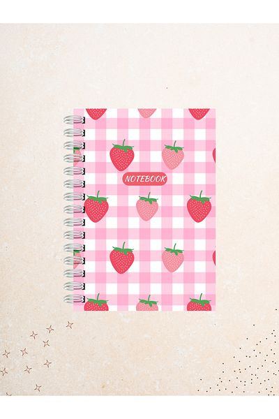 Ez&Tu Stıcker Strawberry Patterned Checkerboard Cover Notebook – 60 Sheets / 120 Pages – Unlined Wire Spiral