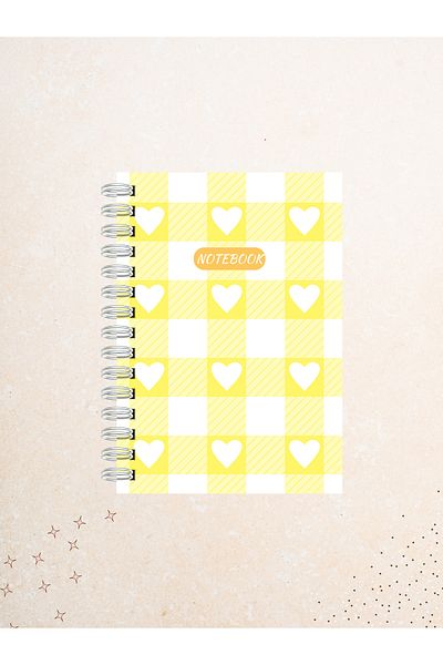 Ez&Tu Stıcker Heart Yellow Checkered Patterned Notebook – 60 Sheets / 120 Pages – Unlined Wire Spiral