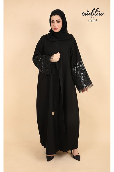 Stylish Black wrap abaya with lace inserts on the sleeves
