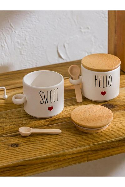 LC Waikiki Lcw Home Ceramic Storage Container with Wooden Lid Set of 2 (W5)