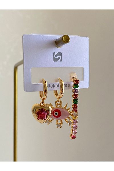 Çelik Vip Series 3-Piece Colorful Heart Detail Earrings