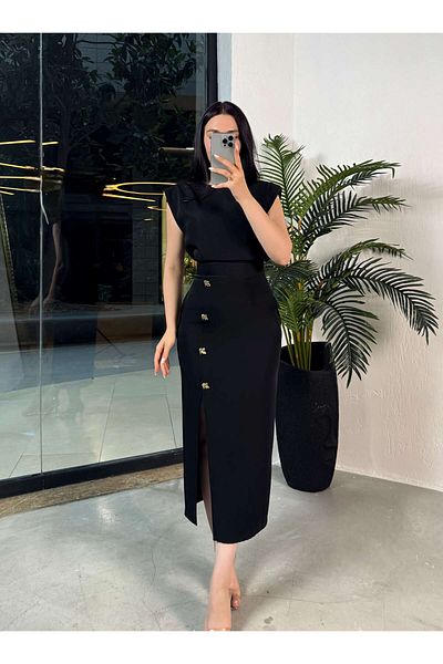 missswans Naira Padded Side Slit Gold Buttoned Pencil Midi Dress Black