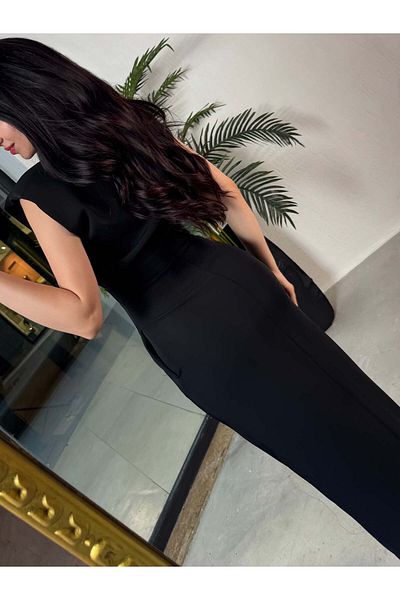 missswans Naira Padded Side Slit Gold Buttoned Pencil Midi Dress Black