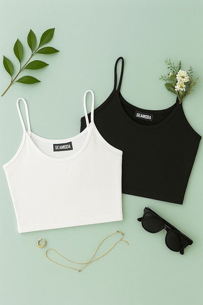 Seamoda Double Pack Large Size Lycra Cotton Half Undershirt with Rope Strap-Broken White-Black