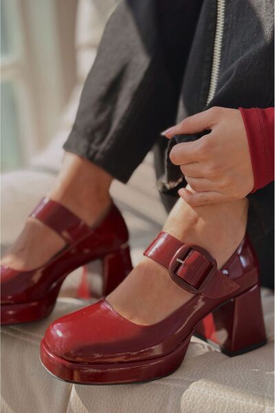 I Love Shoes Lanis Patent Leather Buckle Detailed Platform Heeled Shoes Claret Red