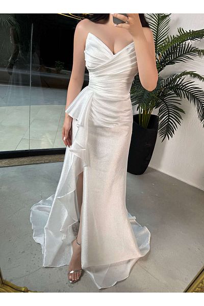 missswans Linya Chest Draped Back Drawstring Lined Front Slit Long Dress Ecru