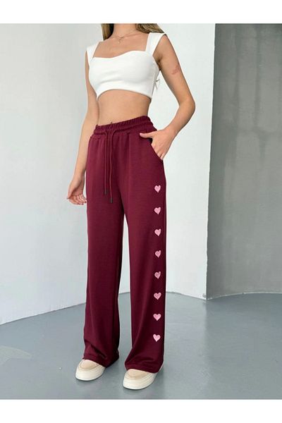 modamtn Osy Modal Soft Textured Fabric Embroidered Comfortable Loose Leg Sweatpants Pantalon - Claret Red