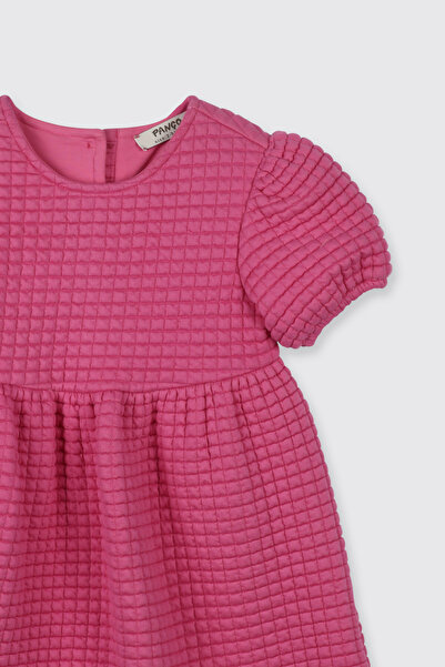 Panço Kız Bebek Bisiklet Yaka Kısa Kollu Kapitone Fuşya Elbise