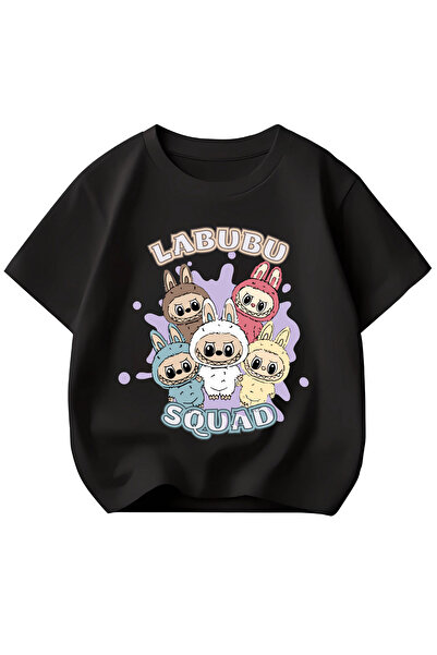 MECH BUTİK تي شيرت Labubu مطبوع باللونين الأسود والأبيض للنساء والرجال