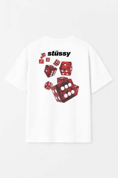 THE RULE Унисекс тениска Stüssy Dice Printed Oversize, 100% памучен дизайн, текстурирана, бяла, с широк разкроен дизайн и кръгло деколте RF0535
