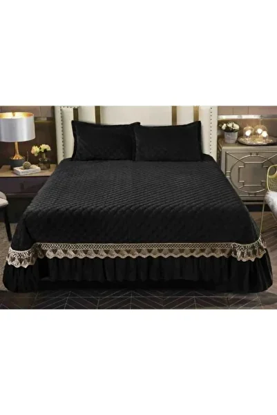 Mercaton Set 3 Piese de Lux, Cuvertura de Pat din Catifea cu Broderie, Matlasata, 230x250 cm si 2 Fete de Per