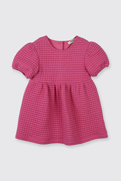Panço Kız Bebek Bisiklet Yaka Kısa Kollu Kapitone Fuşya Elbise
