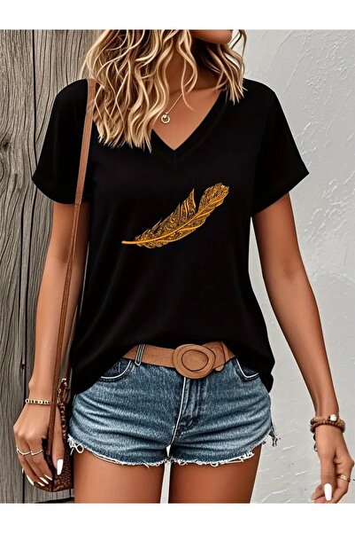 FUFLUNS تي شيرت نسائي كبير الحجم برقبة على شكل حرف V مطبوع عليه ريش