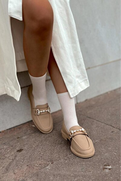 I Love Shoes Vitelo Mat Deri Taş Detaylı Kadın Loafer Nude