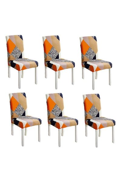 OEM Set 6 huse universale pentru scaune din poliester elastan, imprimeu elegant, MS STAR, portocaliu multicolor
