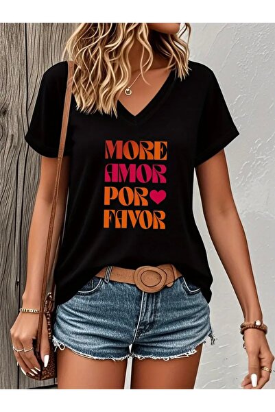 FUFLUNS More Amor Por Favor Printed Women's Oversize V-Neck T-Shirt