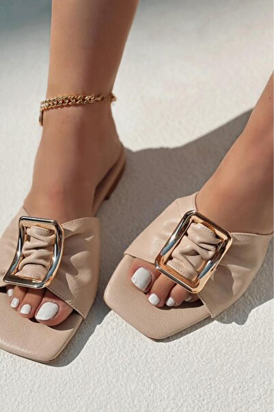 I Love Shoes Morisa Matte Leather Beige Buckle Detailed Women's Slippers