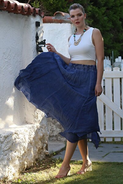 Chiccy Jean Blue Strat Washed Elastic Talie Casual Crinkle Fusta țesută asimetrică 89 70