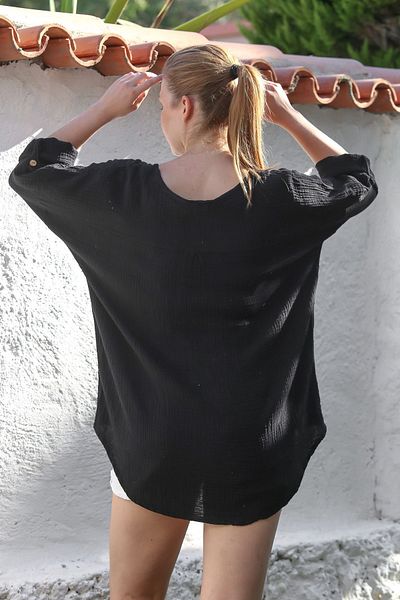 Chiccy Black Pool Collar Buttoned 3/4 Sleeve Washable Casual Muslin Woven Blouse 75 70