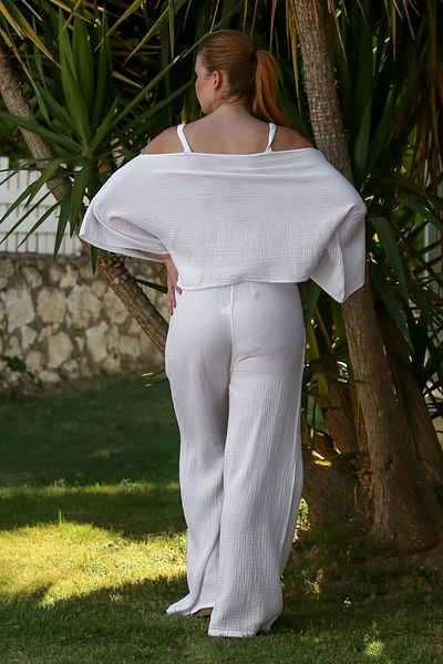 Chiccy Alb Carmen Guler Batistă Buzunar mânecă Lavabilă Talie elastică Costum țesut muselină 52-108 65-65