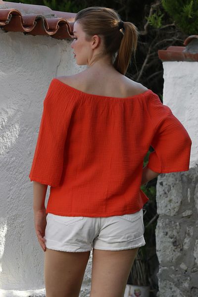 Chiccy Narcissi Carmen Collar 3/4 μανίκι πλενόμενη μπλούζα casual μουσελίνα 60 55