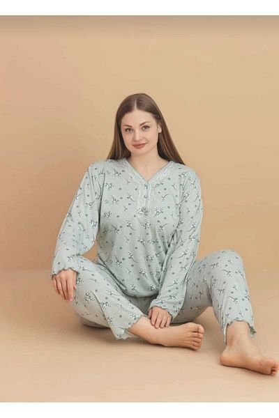 Eyfuze Women's Large Size Patterned Buttoned Collar Long Sleeve Bamboo Pajama Set