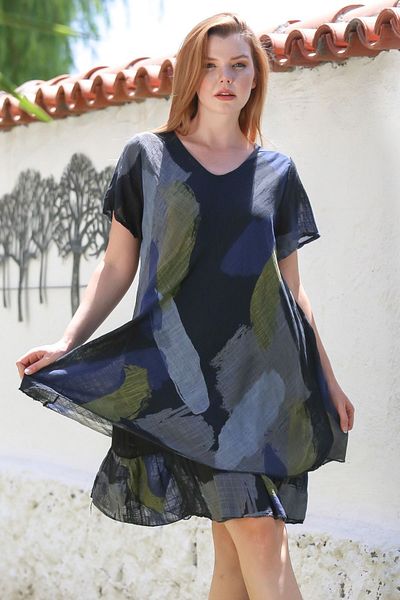 Chiccy Italian Black V-Neck Short Sleeve Patterned Lined Casual Linen Look Woven Dress 96 64