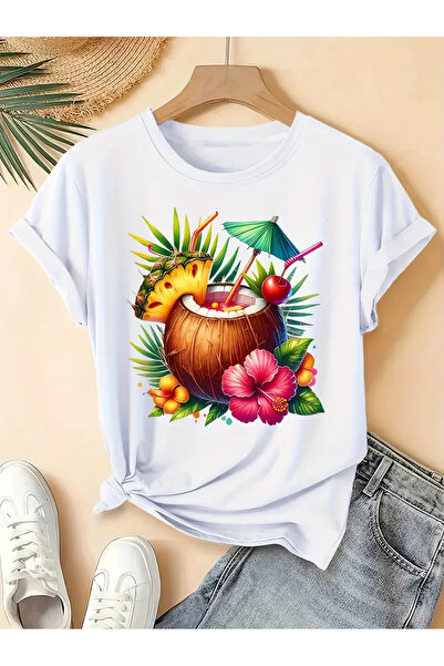 İSMTEXS تي شيرت من القطن الممشط مطبوع عليه كوكتيل استوائي بأكمام قصيرة للجنسي...