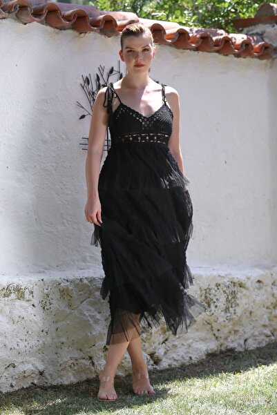 Chiccy Ιταλικό μαύρο στράπλες γιακά τούλι με ρυθμιζόμενο λουράκι με σπαστό υφαντό φόρεμα 130 55