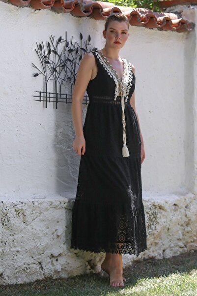 Chiccy Italian Black V-Neck Sleeveless Lined Lace Tassel Detail Woven Dress 140 53