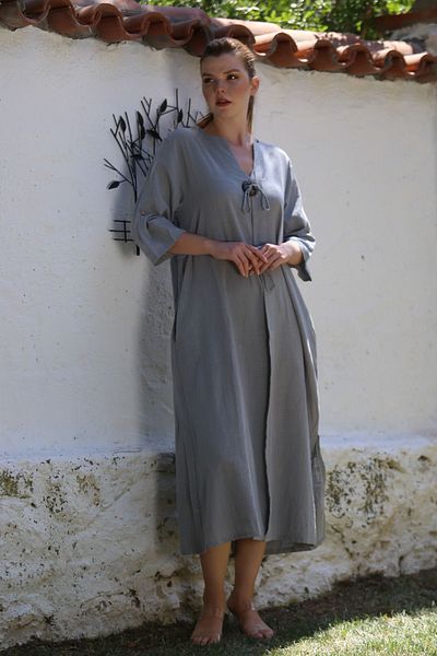 Chiccy Italian Gray V-Neck Buttoned 3/4 Sleeve Casual Linen Look Woven Dress with Hidden Pocket 120 56