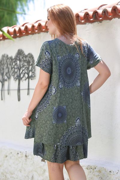 Chiccy Italian Khaki V-Neck Short Sleeve Mandala Patterned Lined Casual Linen Look Woven Dress 95 65