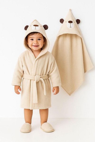 MİLAYS LİFE HOME COLLECTİON Bebi̇tof Panda Baby 4-Piece Bathrobe Set 100% Cotton 0-2 Years