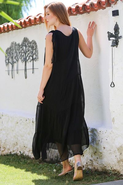 Chiccy Italian Black Pool Collar Sleeveless Tie-Up Lined Casual Silk Woven Dress 130 65