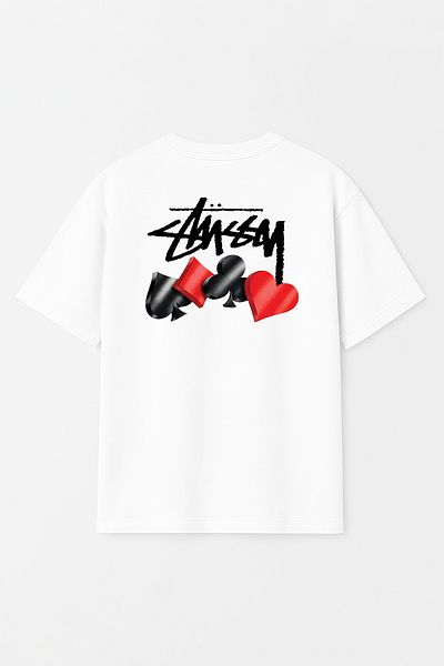 THE RULE Унисекс тениска Stüssy с щампа на игрални карти, широка, 100% памучна, текстурирана, с кръгло деколте, RF0539