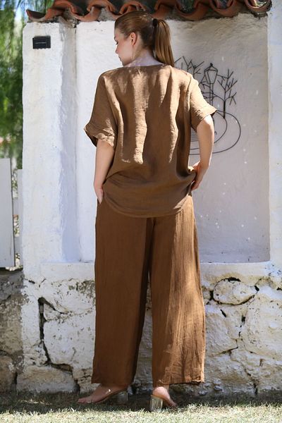 Chiccy بدلة منسوجة من الكتان المطرزة بألوان القرفة الإيطالية وأكمام منخفضة وجيب 73-100 70-68