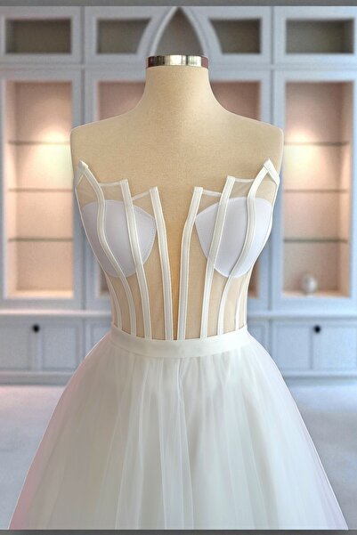 FİYPER Rochie de seară și rochie de mireasă din tul, cu guler transparent, lungime maxi