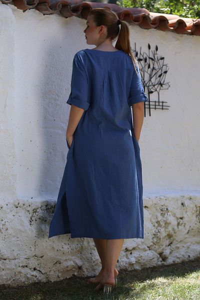 Chiccy Ιταλικό Indigo V-Neck με κουμπιά 3/4 μανίκι με κρυφή τσέπη Casual λινό υφαντό φόρεμα 120 56