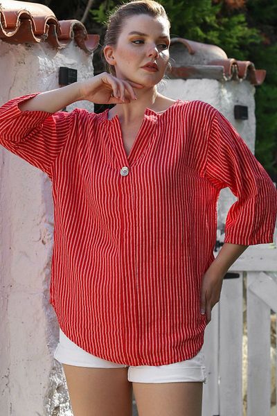 Chiccy Italian Pomegranate Pool Collar 3/4 Sleeve Striped Buttoned Casual Linen Look Woven Blouse 75 62