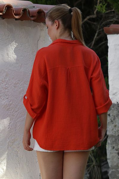 Chiccy Pomegranate Shirt Collar Buttoned Long Sleeve Washable Casual Muslin Woven Blouse 70 65