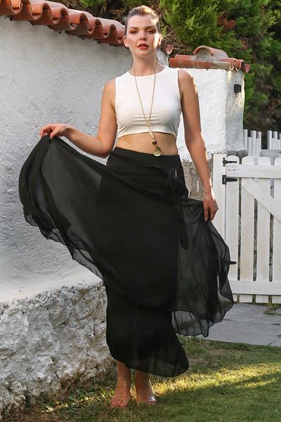 Chiccy Italian Black Lined Elastic Waist Casual Silk Long Woven Skirt 98 60