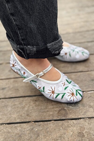 I Love Shoes Balerini din plasă gri cu broderie Krysol