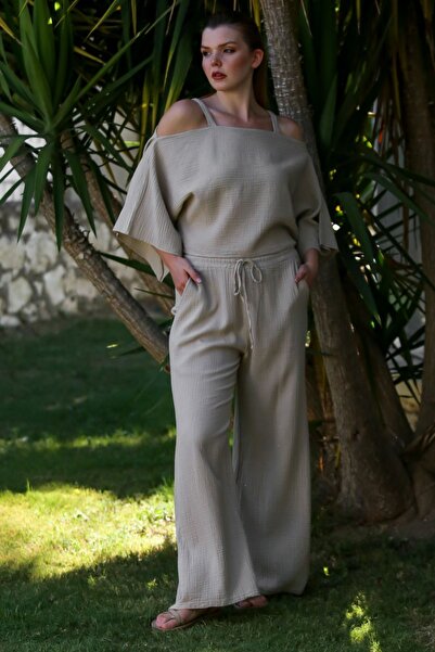 Chiccy Bej Carmen Guler Batista Maneca Buzunar Lavabil Elastic Talie Muslin Tesut Costum 52-108 65-65