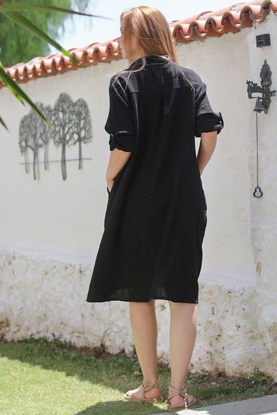 Chiccy Black Shirt Collar Buttoned Long Sleeve Pocket Washable Casual Muslin Woven Dress 103 65