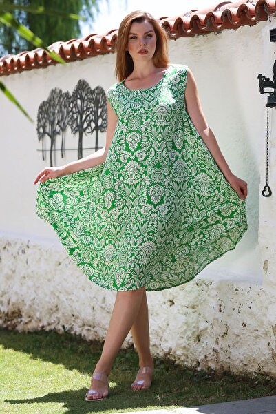 Chiccy Green Pool Collar Sleeveless Patterned Casual Viscose Woven Dress 106 66