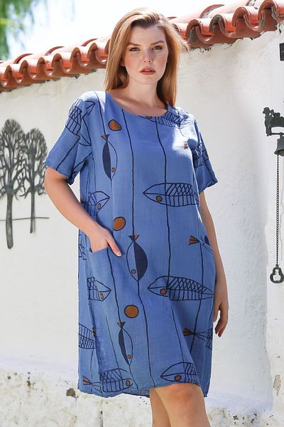 Chiccy Italian Indigo Pool Collar Short Sleeve Fish Print Casual Linen Look Woven Dress 100 60