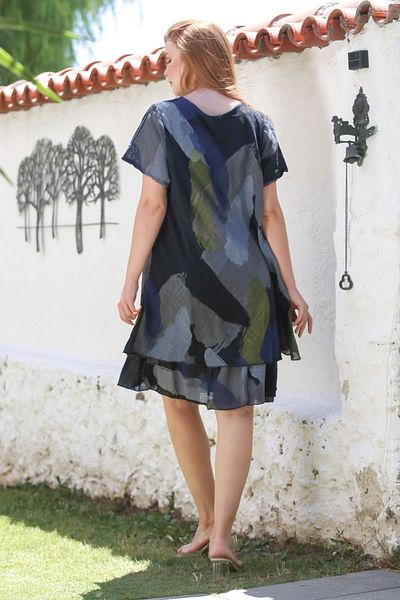 Chiccy Italian Black V-Neck Short Sleeve Patterned Lined Casual Linen Look Woven Dress 96 64