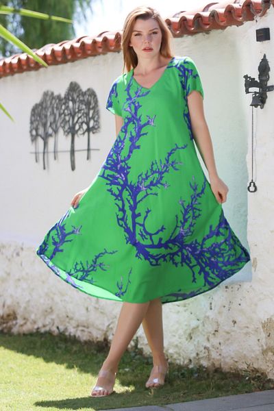Chiccy Green V-Neck Short Sleeve Patterned Casual Viscose Woven Dress 120 65